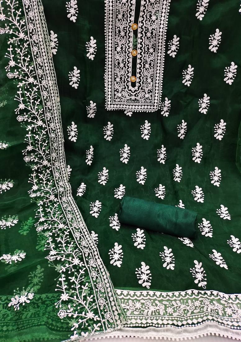 Leeza store women's dark green organza all-over white thread embroidery unstitched kurta pant dupatta set dress material