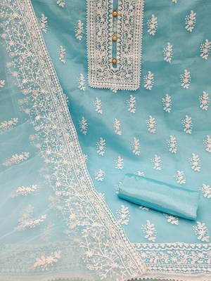 Leeza store women's light blue organza all-over white thread embroidery unstitched kurta pant dupatta set dress material 2