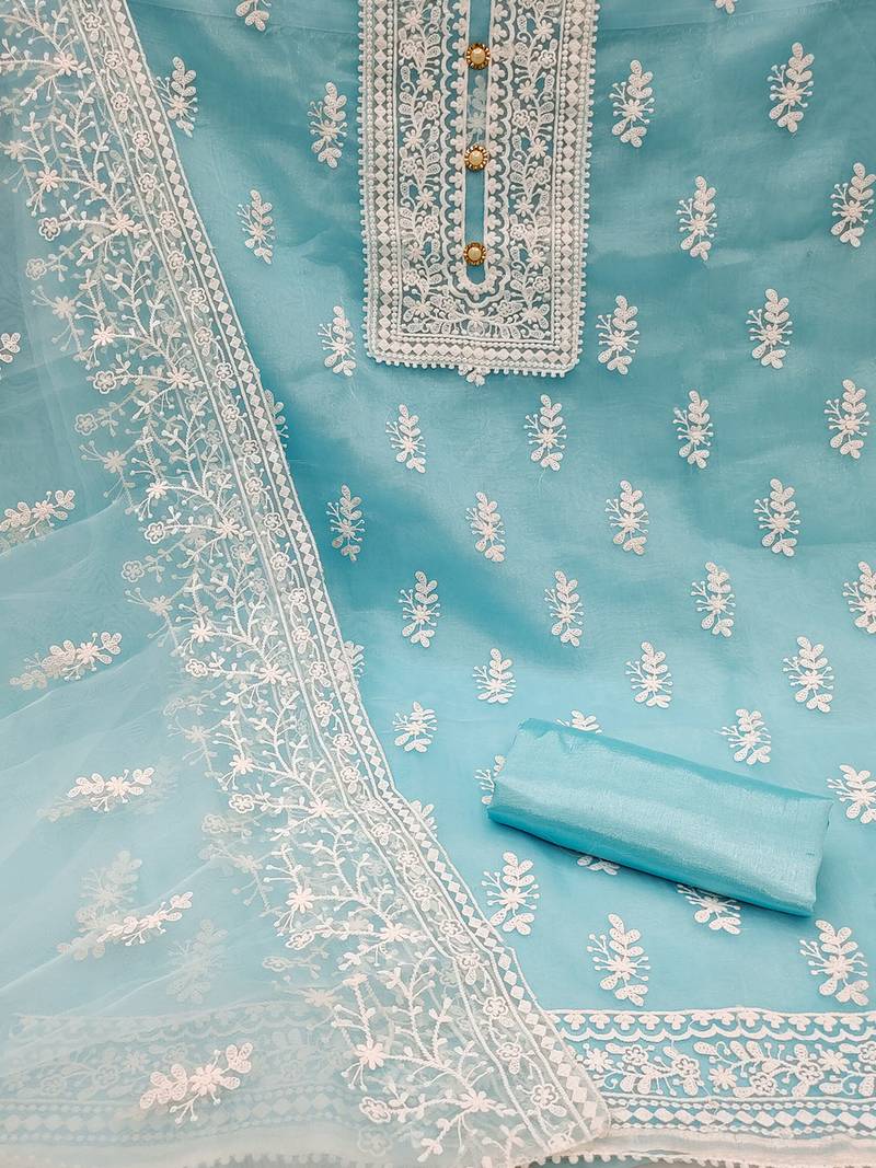 Leeza store women's light blue organza all-over white thread embroidery unstitched kurta pant dupatta set dress material
