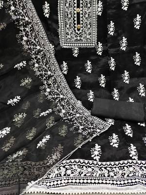Leeza store women's black organza all-over white thread embroidery unstitched kurta pant dupatta set dress material 2
