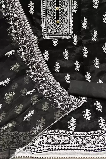 Leeza store women's black organza all-over white thread embroidery unstitched kurta pant dupatta set dress material