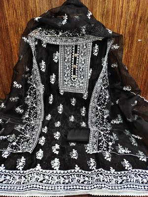 Leeza store women's black organza all-over white thread embroidery unstitched kurta pant dupatta set dress material 3