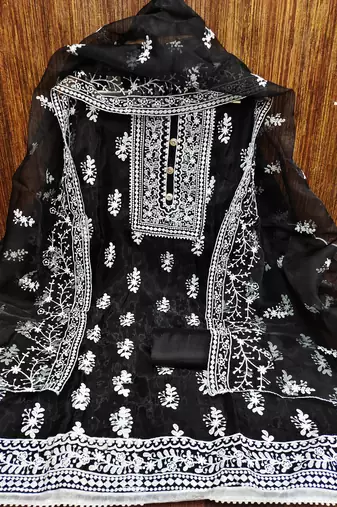 Leeza store women's black organza all-over white thread embroidery unstitched kurta pant dupatta set dress material