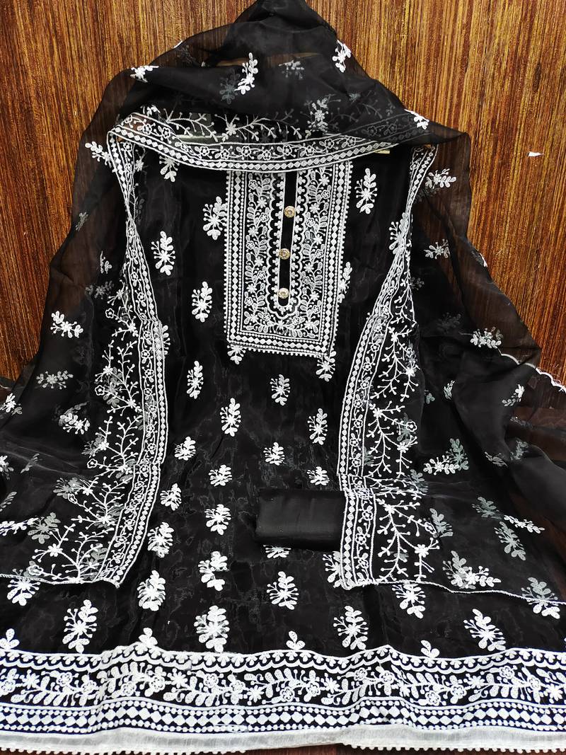 Leeza store women's black organza all-over white thread embroidery unstitched kurta pant dupatta set dress material