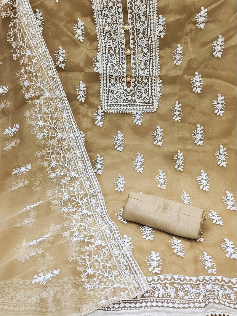 Leeza store women's beige organza all-over white thread embroidery unstitched kurta pant dupatta set dress material