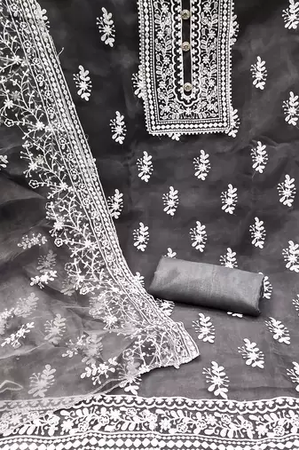 Leeza store women's grey organza all-over white thread embroidery unstitched kurta pant dupatta set dress material
