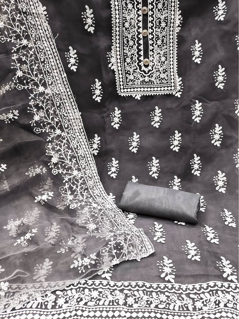 Leeza store women's grey organza all-over white thread embroidery unstitched kurta pant dupatta set dress material