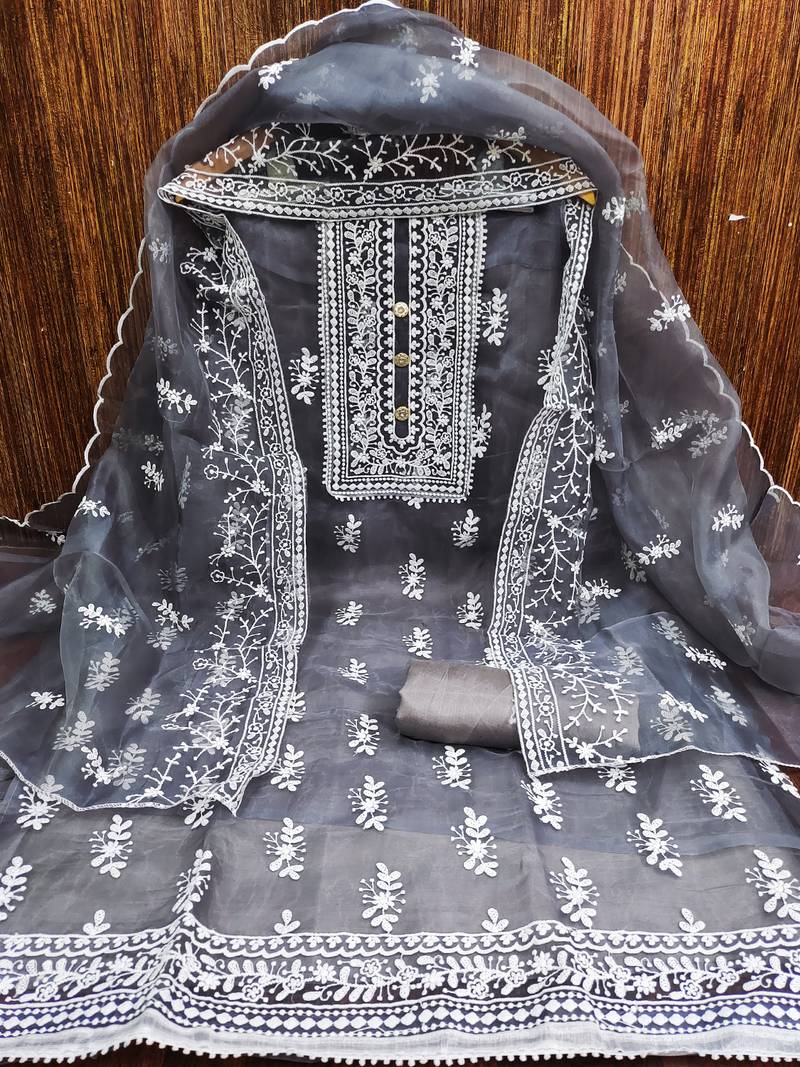 Leeza store women's grey organza all-over white thread embroidery unstitched kurta pant dupatta set dress material