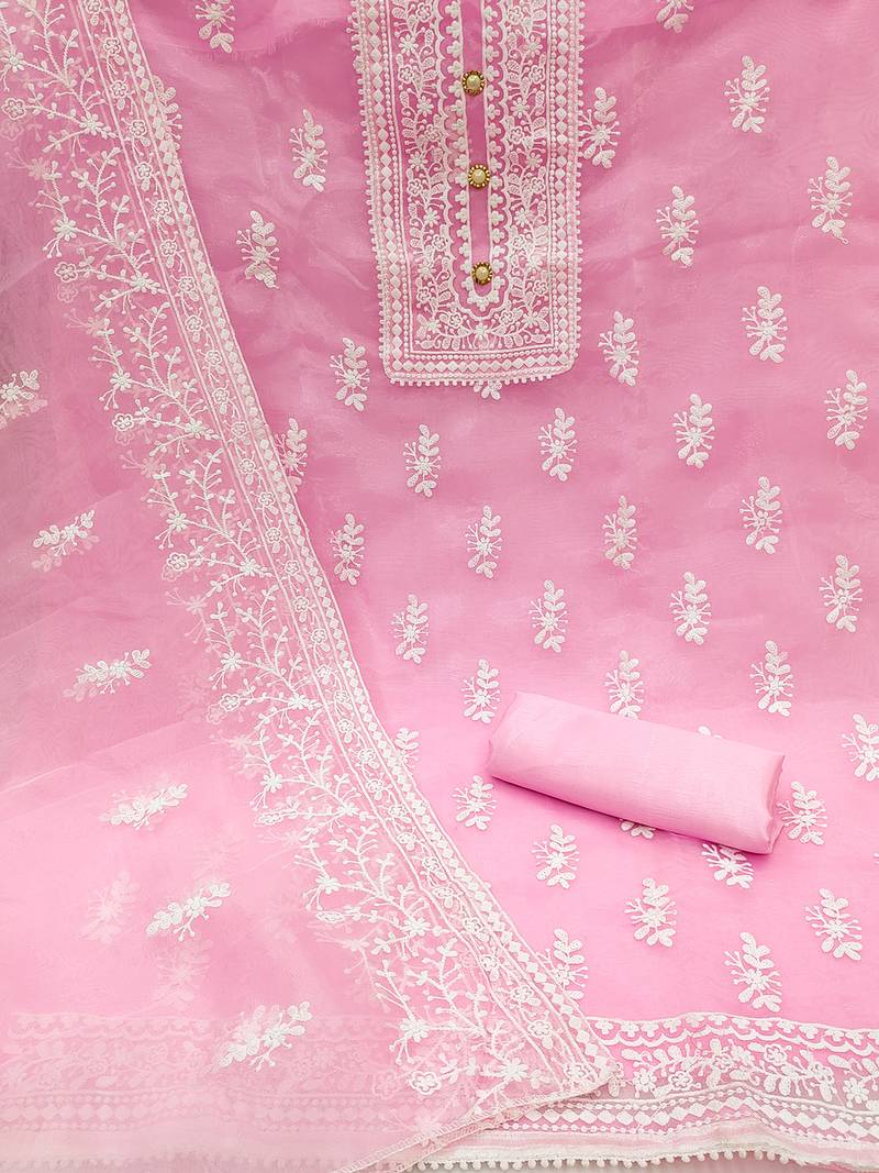 Leeza store women's light pink organza all-over white thread embroidery unstitched kurta pant dupatta set dress material