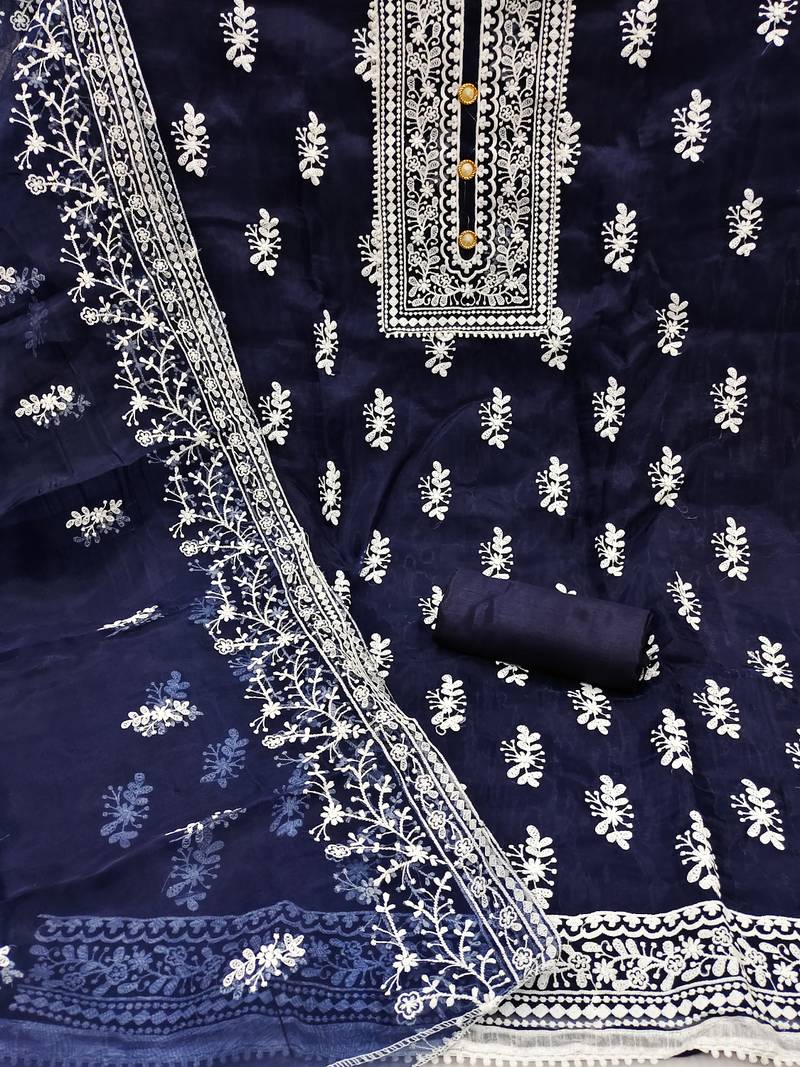 Leeza store women's navy blue organza all-over white thread embroidery unstitched kurta pant dupatta set dress material