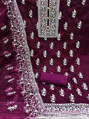 Leeza store women's magenta organza all-over white thread embroidery unstitched kurta pant dupatta set dress material 2