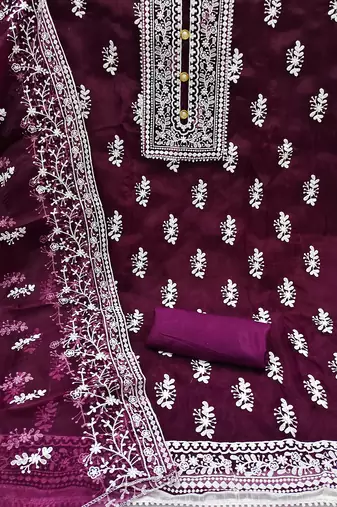 Leeza store women's magenta organza all-over white thread embroidery unstitched kurta pant dupatta set dress material