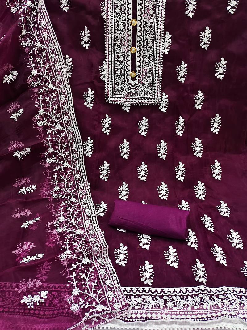 Leeza store women's magenta organza all-over white thread embroidery unstitched kurta pant dupatta set dress material