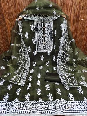 Olive green organza all-over white thread embroidery unstitched kurta pant dupatta set dress material 2