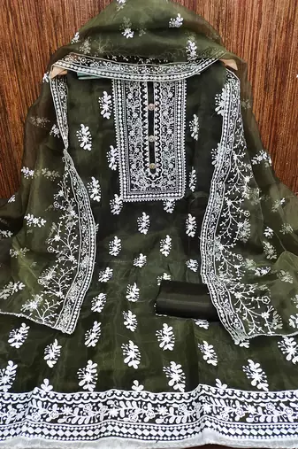 Olive green organza all-over white thread embroidery unstitched kurta pant dupatta set dress material