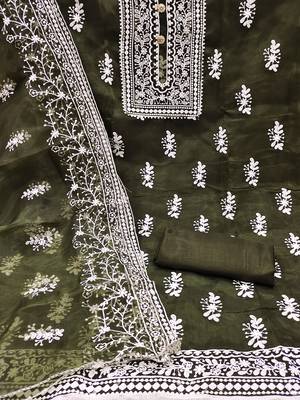Olive green organza all-over white thread embroidery unstitched kurta pant dupatta set dress material 3