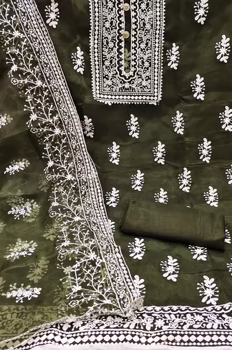 Olive green organza all-over white thread embroidery unstitched kurta pant dupatta set dress material