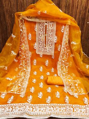 Leeza store women's orange organza all-over white thread embroidery unstitched kurta pant dupatta set dress material 2
