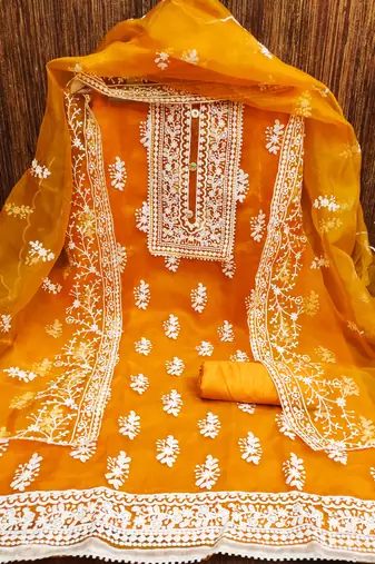 Leeza store women's orange organza all-over white thread embroidery unstitched kurta pant dupatta set dress material