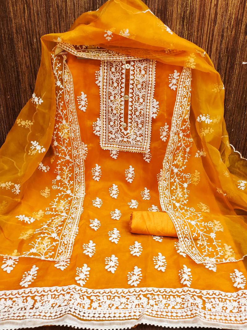 Leeza store women's orange organza all-over white thread embroidery unstitched kurta pant dupatta set dress material