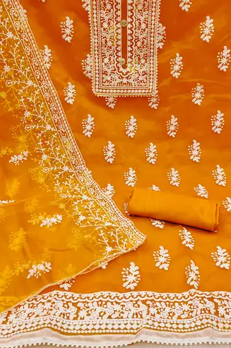 Leeza store women's orange organza all-over white thread embroidery unstitched kurta pant dupatta set dress material