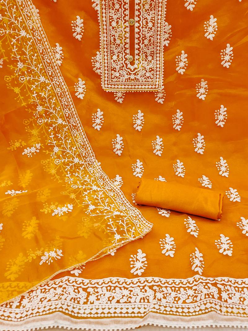 Leeza store women's orange organza all-over white thread embroidery unstitched kurta pant dupatta set dress material