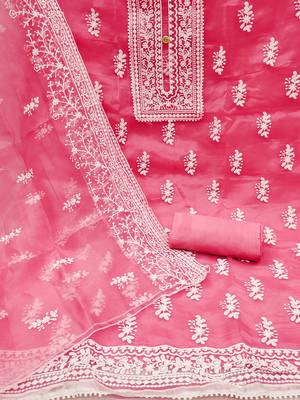 Leeza store women's pink organza all-over white thread embroidery unstitched kurta pant dupatta set dress material 2