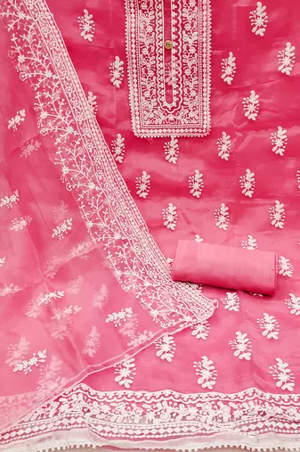 Leeza store women's pink organza all-over white thread embroidery unstitched kurta pant dupatta set dress material
