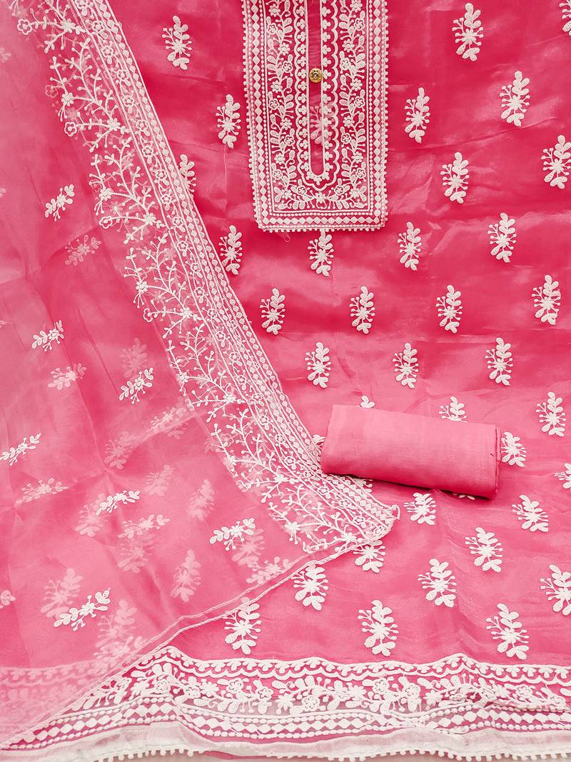 Leeza store women's pink organza all-over white thread embroidery unstitched kurta pant dupatta set dress material