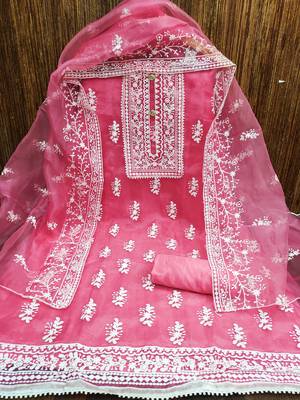 Leeza store women's pink organza all-over white thread embroidery unstitched kurta pant dupatta set dress material 3