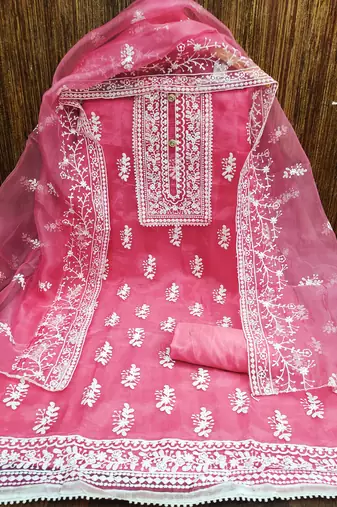Leeza store women's pink organza all-over white thread embroidery unstitched kurta pant dupatta set dress material