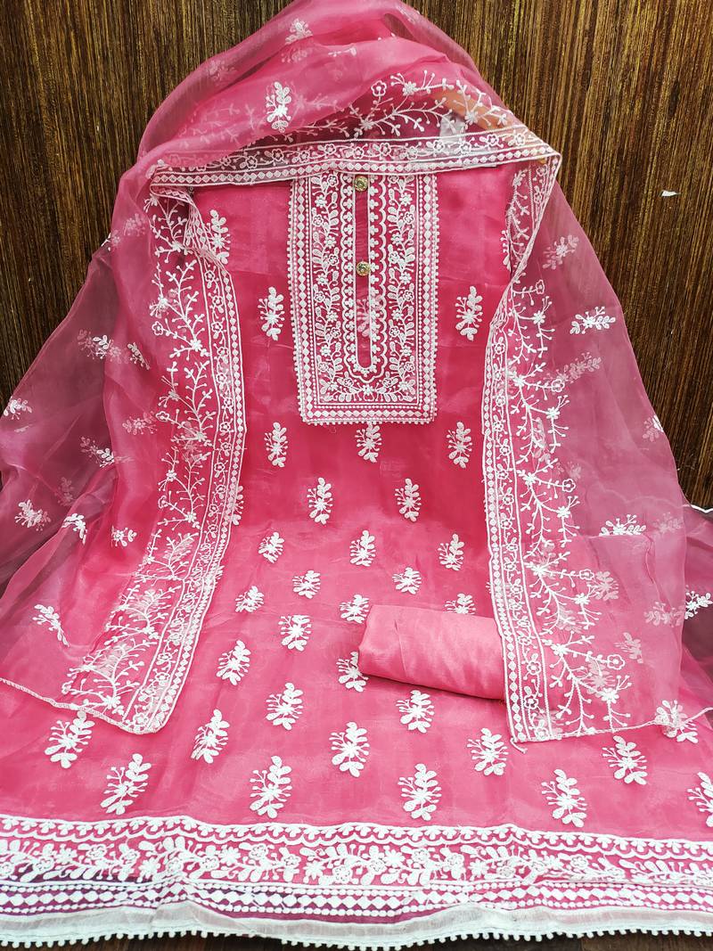 Leeza store women's pink organza all-over white thread embroidery unstitched kurta pant dupatta set dress material