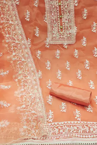 Leeza store women's peach organza all-over white thread embroidery unstitched kurta pant dupatta set dress material