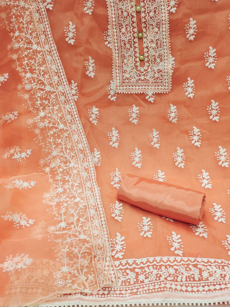 Leeza store women's peach organza all-over white thread embroidery unstitched kurta pant dupatta set dress material