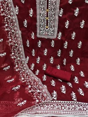 Leeza store women's red organza all-over white thread embroidery unstitched kurta pant dupatta set dress material 2