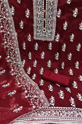 Leeza store women's red organza all-over white thread embroidery unstitched kurta pant dupatta set dress material