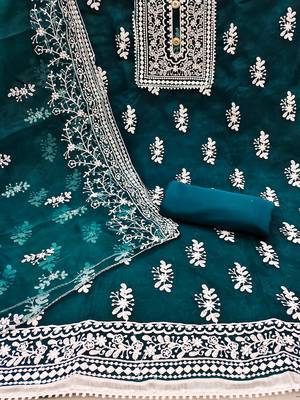 Leeza store women's teal organza all-over white thread embroidery unstitched kurta pant dupatta set dress material 2