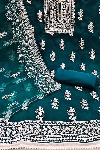 Leeza store women's teal organza all-over white thread embroidery unstitched kurta pant dupatta set dress material