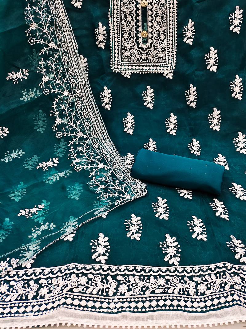 Leeza store women's teal organza all-over white thread embroidery unstitched kurta pant dupatta set dress material