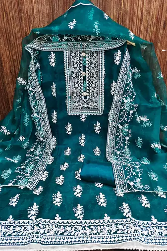 Leeza store women's teal organza all-over white thread embroidery unstitched kurta pant dupatta set dress material