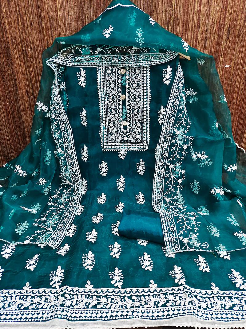 Leeza store women's teal organza all-over white thread embroidery unstitched kurta pant dupatta set dress material