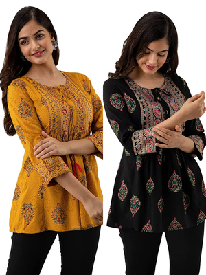 Pack of 2 indian handmade block printed rayon fabric designer tops & tunics for bottomwear & jeans 2
