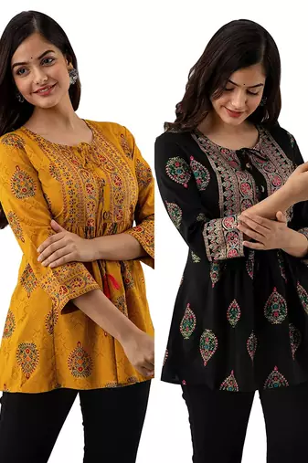 Pack of 2 indian handmade block printed rayon fabric designer tops & tunics for bottomwear & jeans