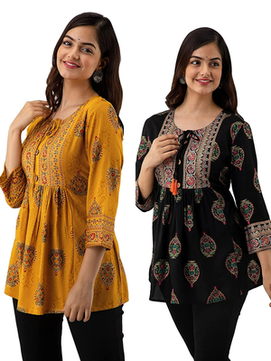 Pack of 2 indian handmade block printed rayon fabric designer tops & tunics for bottomwear & jeans 3