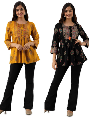 Pack of 2 indian handmade block printed rayon fabric designer tops & tunics for bottomwear & jeans 4