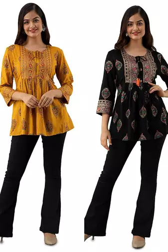 Pack of 2 indian handmade block printed rayon fabric designer tops & tunics for bottomwear & jeans