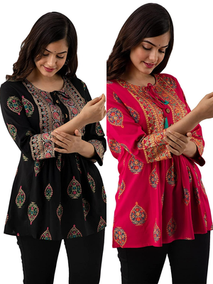 Pack of 2 indian handmade block printed rayon fabric designer tops & tunics for bottomwear & jeans 2
