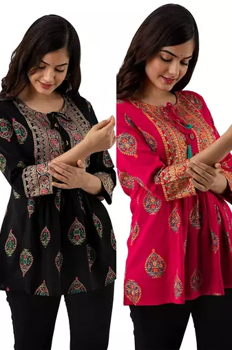 Pack of 2 indian handmade block printed rayon fabric designer tops & tunics for bottomwear & jeans