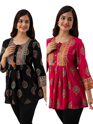 Pack of 2 indian handmade block printed rayon fabric designer tops & tunics for bottomwear & jeans 3