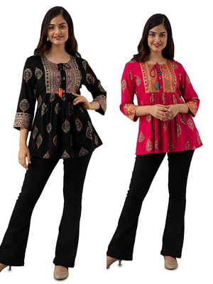 Pack of 2 indian handmade block printed rayon fabric designer tops & tunics for bottomwear & jeans 4